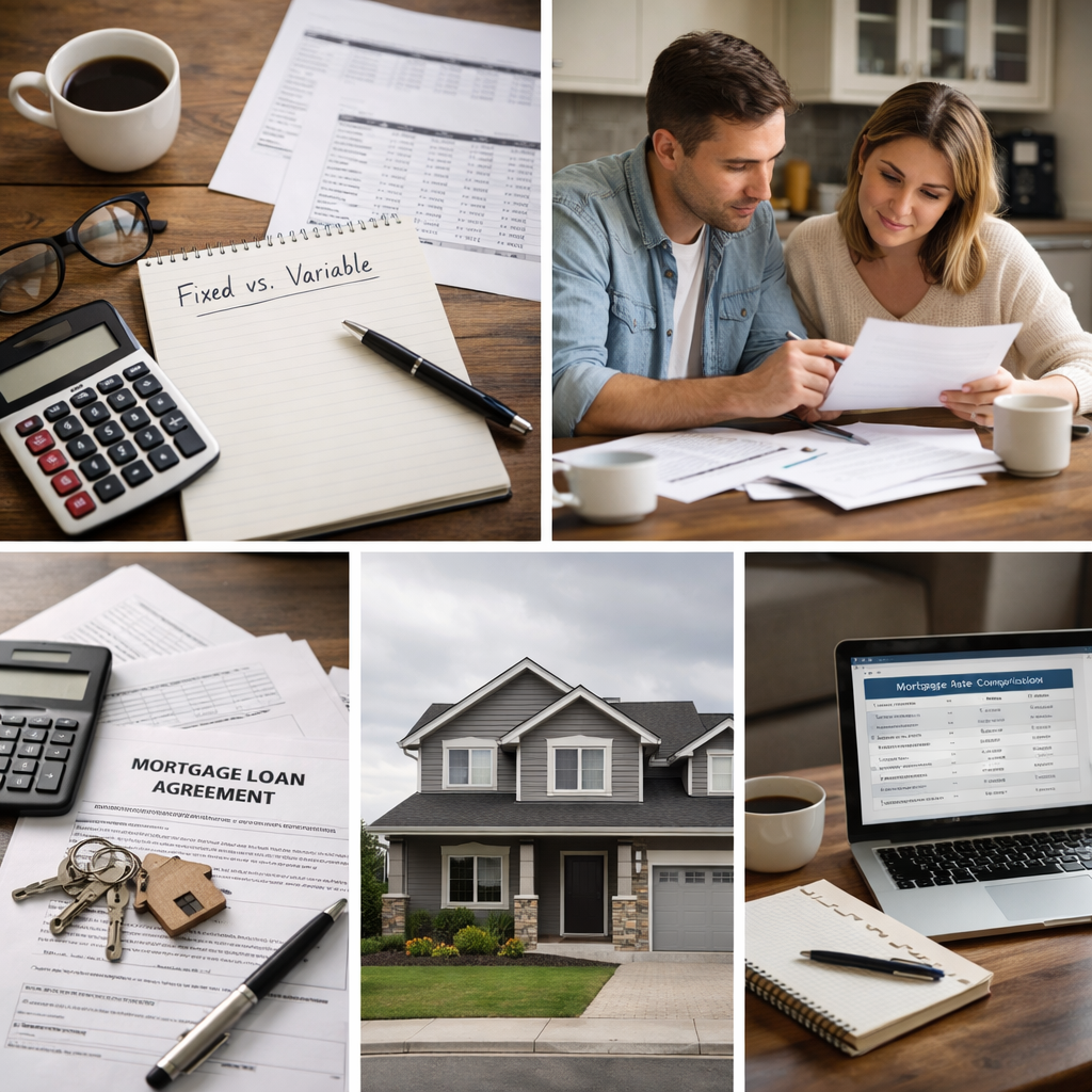Photorealistic image of homeowners reviewing mortgage documents at a kitchen table, with paperwork and a calculator visible, representing a fixed versus variable mortgage decision.