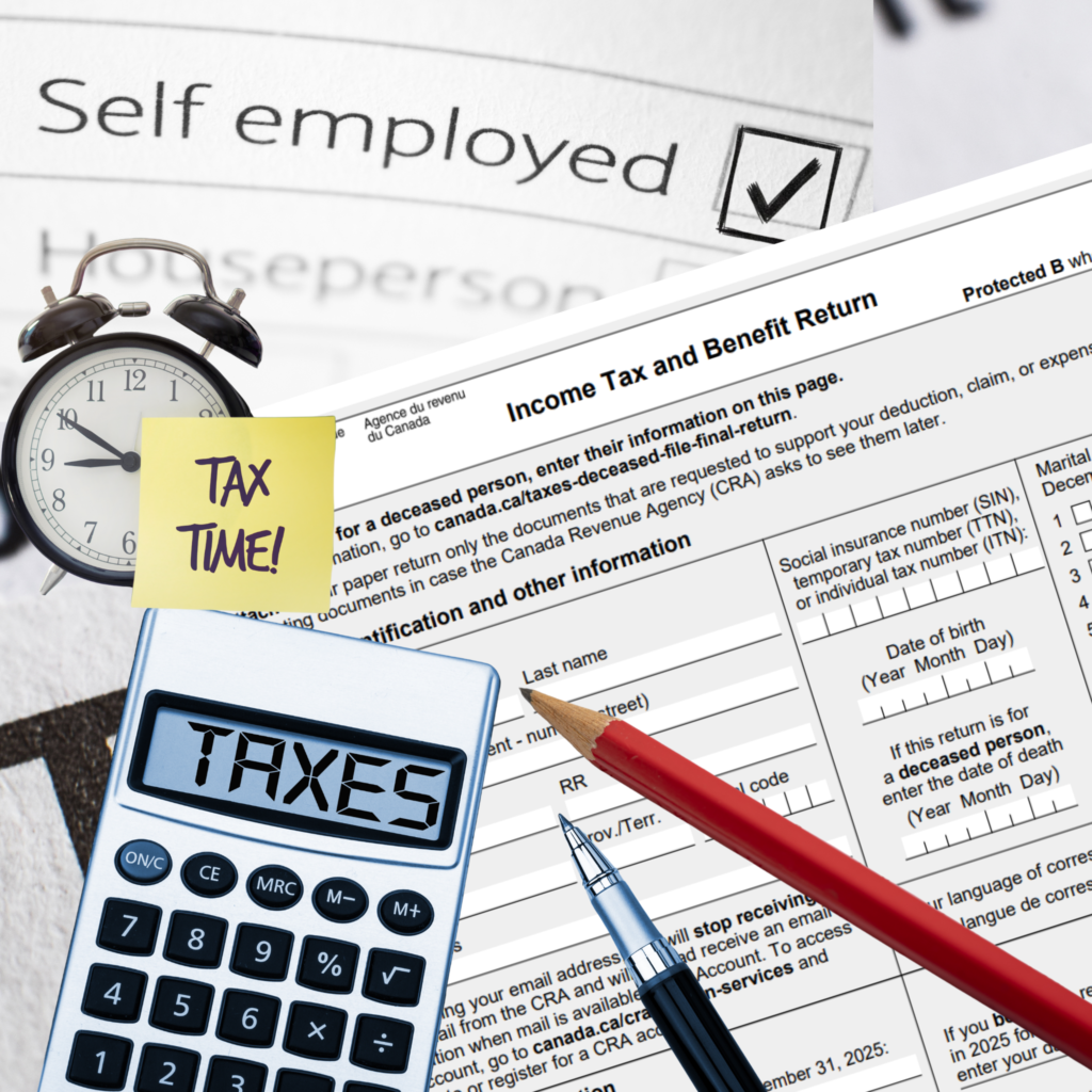 Self-employed business owner reviewing financial documents at a desk, representing tax season planning and mortgage strategy.