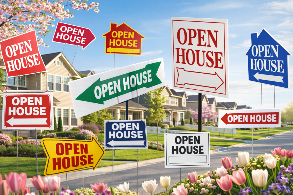 Open house signs in a suburban neighbourhood during spring, representing seasonal real estate activity and the myth that buyers must purchase before the spring housing market heats up.