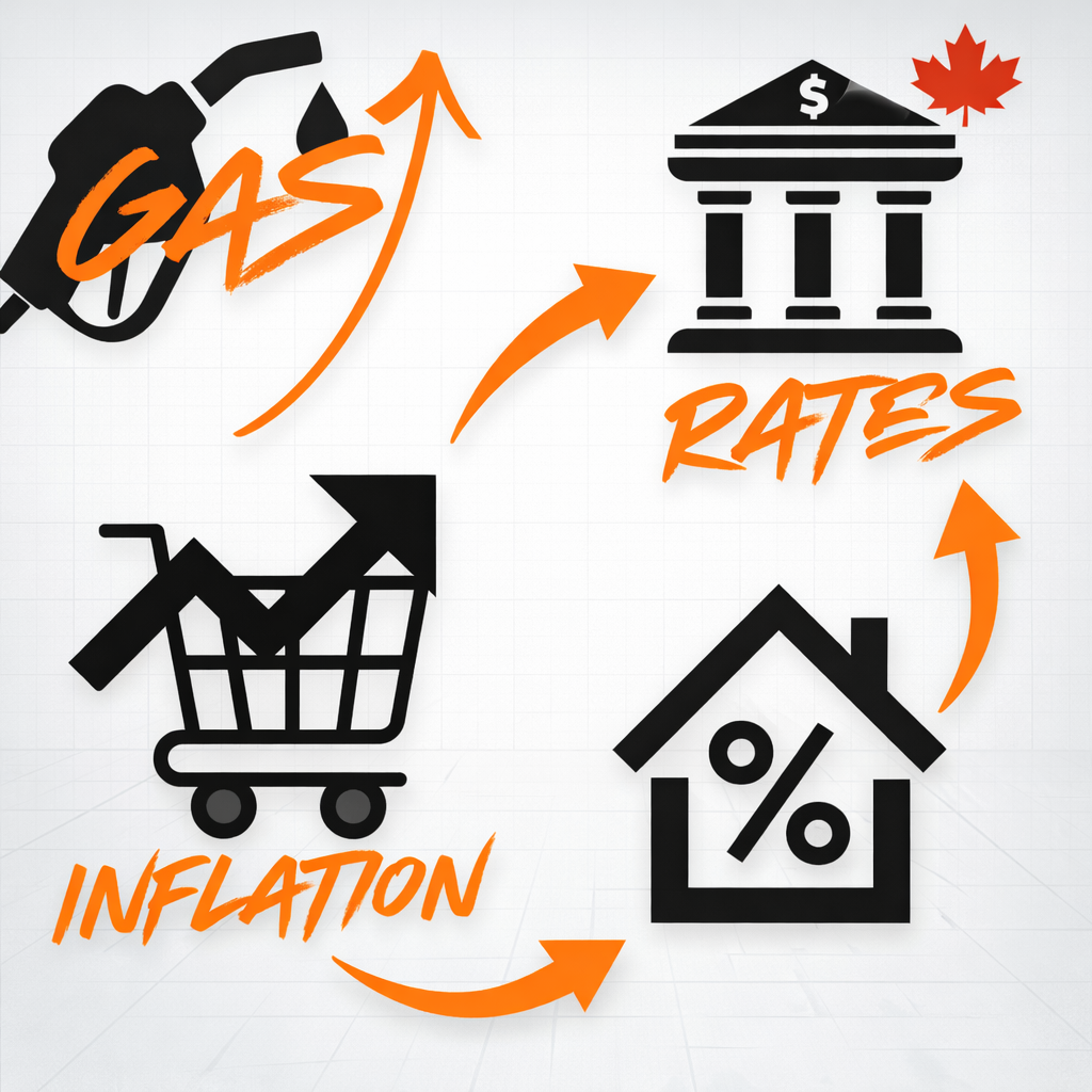 Infographic showing how rising gas prices in BC lead to higher inflation, which influences Bank of Canada rate decisions and impacts mortgage rates.