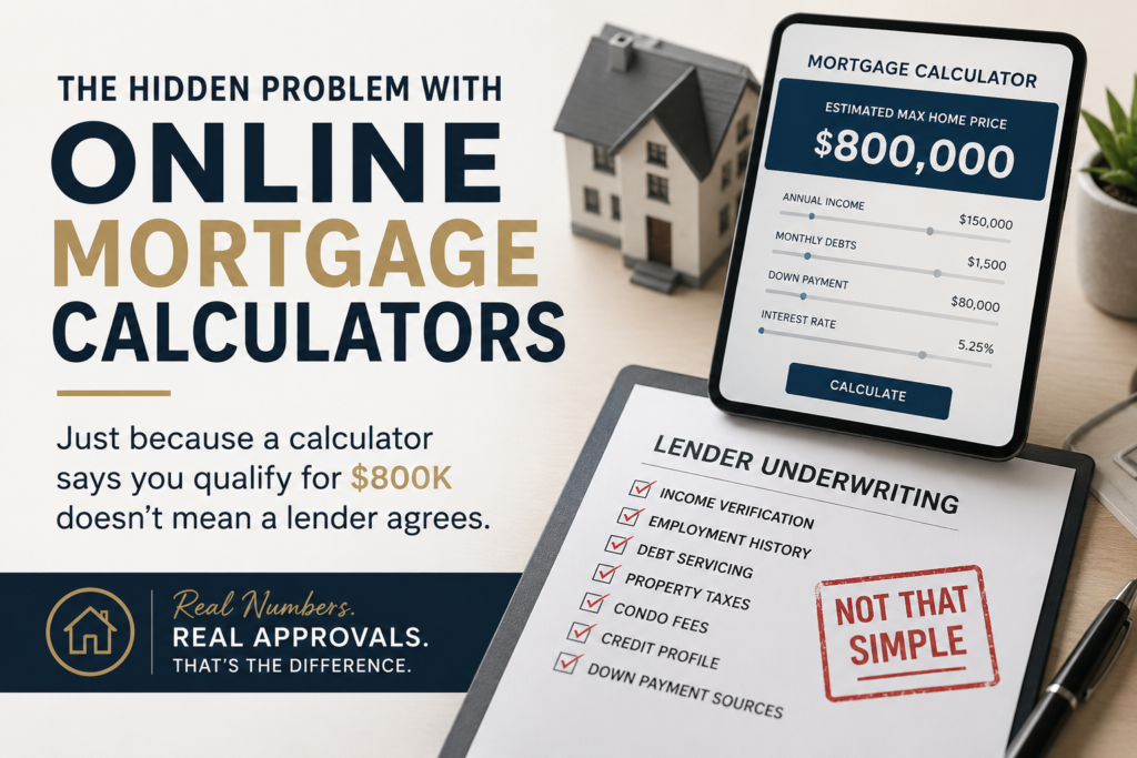 A modern mortgage-themed banner showing a tablet displaying an online mortgage calculator estimating an $800,000 approval beside a lender underwriting checklist on a desk. Large bold text reads “The Hidden Problem With Online Mortgage Calculators” with supporting text explaining that just because a calculator says you qualify doesn’t mean a lender agrees. The image contrasts automated estimates with real mortgage underwriting and document verification.