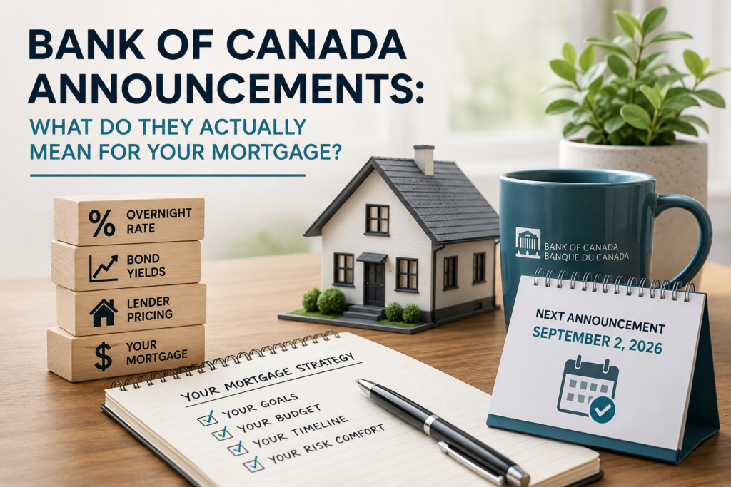 Bank of Canada mortgage rate graphic showing a model home, overnight rate, bond yields, lender pricing and mortgage strategy factors.