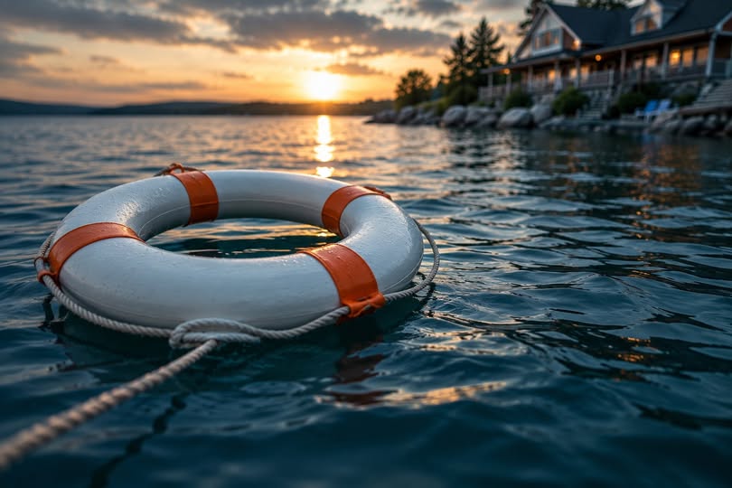 Life ring beside a model home, representing mortgage payment relief and financial support for homeowners experiencing difficulty.