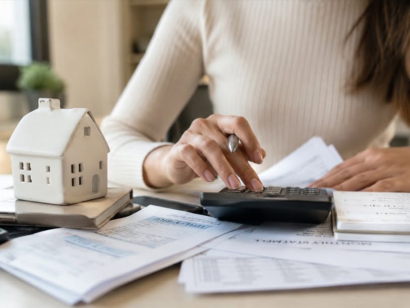 Homeowner reviewing household bills and using a calculator while considering mortgage refinancing options.