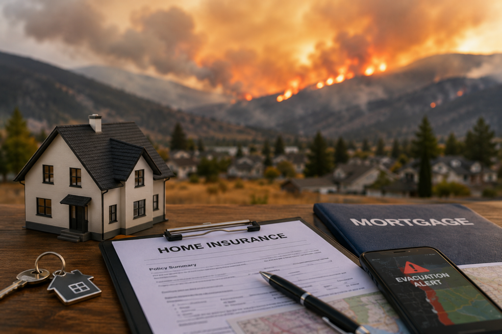 Home insurance and mortgage documents beside a model house and evacuation alert, with a wildfire burning on a nearby mountainside.